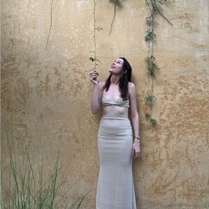 NWT Princess Polly SHANNI MAXI DRESS BEIGE Women's 8 Knit Cut Outs